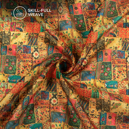Exclusive Amber Yellow And Orange Geometric Digital Print Kota Doria Fabric