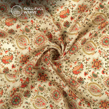 Exclusive Rust Orange And Beige Floral Digital Print Kota Doria Fabric