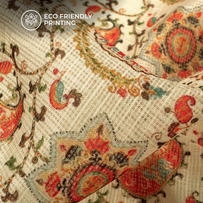 Exclusive Rust Orange And Beige Floral Digital Print Kota Doria Fabric