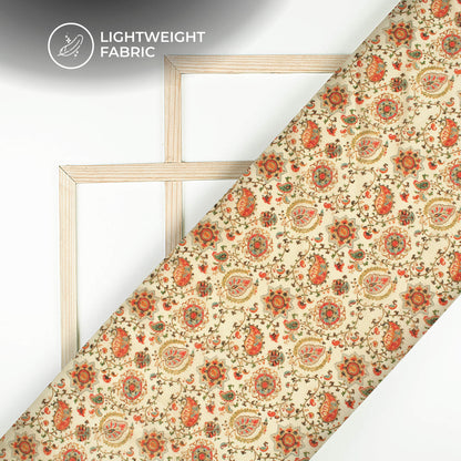Exclusive Rust Orange And Beige Floral Digital Print Kota Doria Fabric