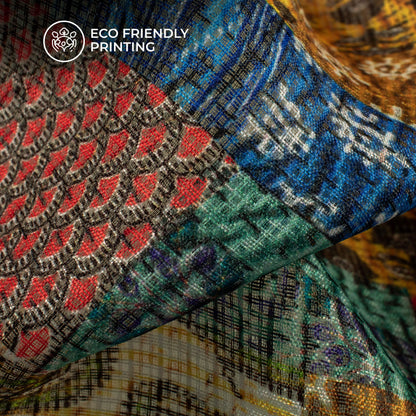 Exclusive Royal Blue And Red Patch Digital Print Kota Doria Fabric