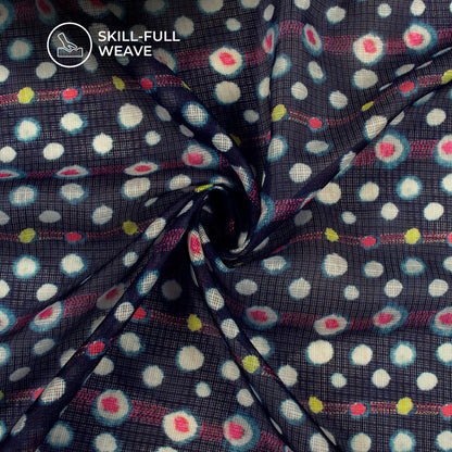 Exclusive Navy Blue And Off-White Polka Dots Digital Print Kota Doria Fabric