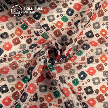 Exclusive Candy Red And Beige Bandhanii Digital Print Kota Doria Fabric