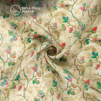 Exclusive Fern Green And White Leaf Digital Print Kota Doria Fabric