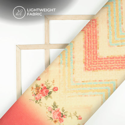 Exclusive Flaxen Yellow And Pink Chevron Digital Print Kota Doria Fabric