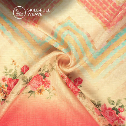 Exclusive Flaxen Yellow And Pink Chevron Digital Print Kota Doria Fabric