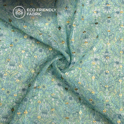 Tea Green And White Floral Digital Print Stripes Sequins Embroidery Georgette Fabric