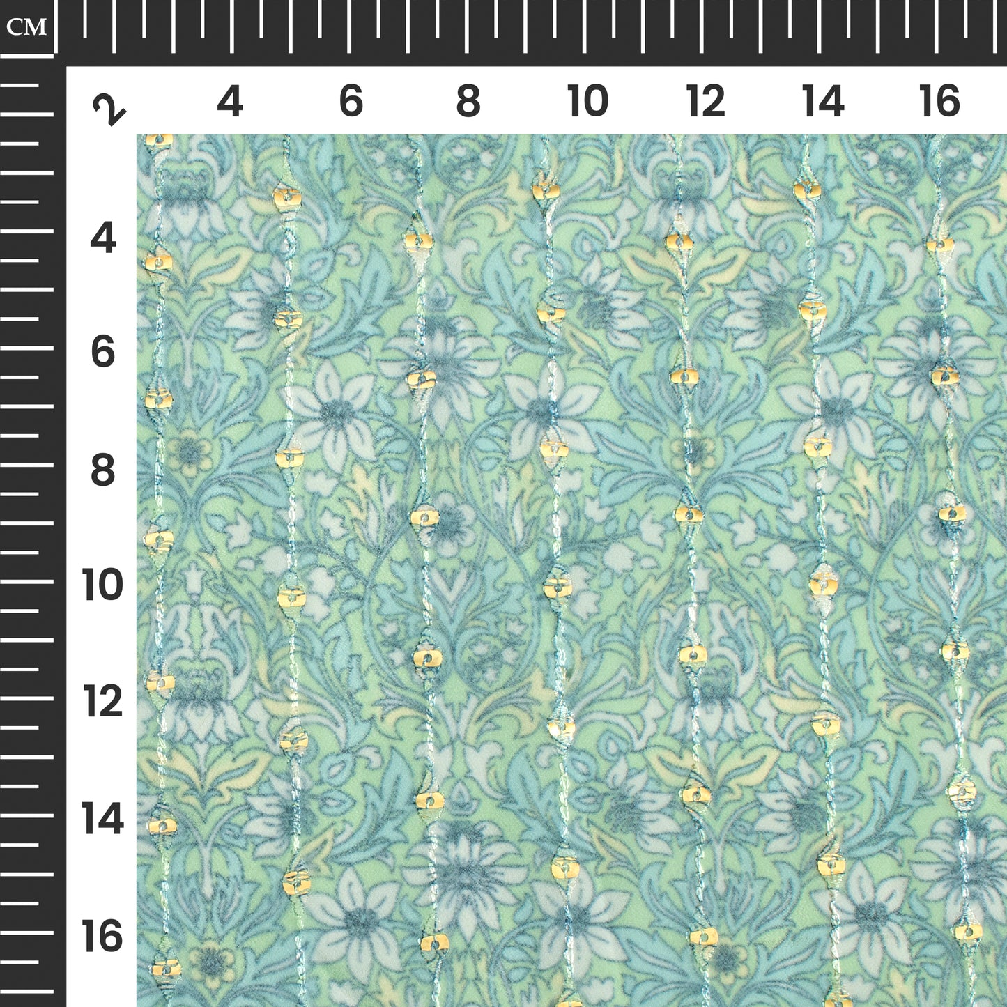 Tea Green And White Floral Digital Print Stripes Sequins Embroidery Georgette Fabric