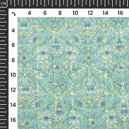 Tea Green And White Floral Digital Print Stripes Sequins Embroidery Georgette Fabric