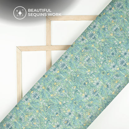 Tea Green And White Floral Digital Print Stripes Sequins Embroidery Georgette Fabric