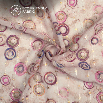 Rosy Brown Geometric Digital Print Stripes Sequins Embroidery Georgette Fabric