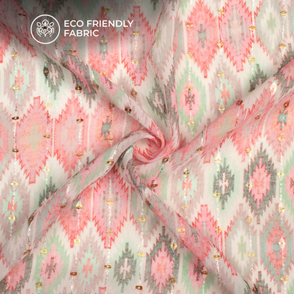 Lovely Geometric Digital Print Stripes Sequins Embroidery Georgette Fabric
