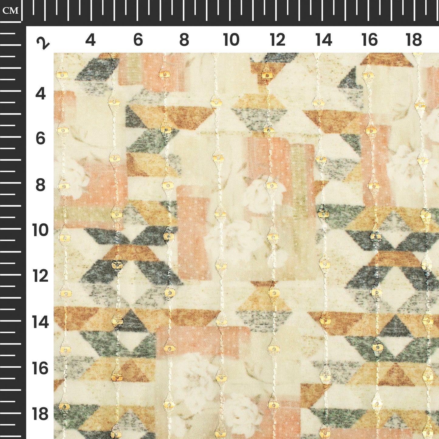 Beige And Yellow Abstract Digital Print Stripes Sequins Embroidery Georgette Fabric