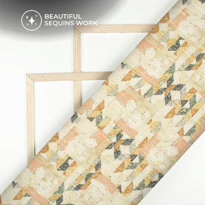 Beige And Yellow Abstract Digital Print Stripes Sequins Embroidery Georgette Fabric
