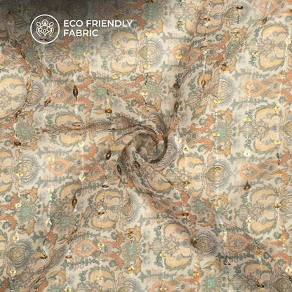 Light Orange And Cream Traditional Digital Print Stripes Sequins Embroidery Georgette Fabric
