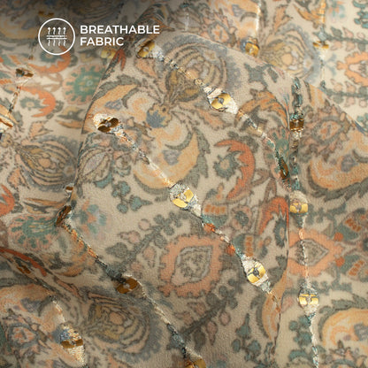 Light Orange And Cream Traditional Digital Print Stripes Sequins Embroidery Georgette Fabric