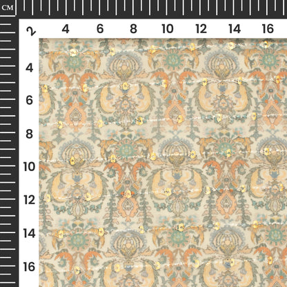 Light Orange And Cream Traditional Digital Print Stripes Sequins Embroidery Georgette Fabric