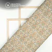 Light Orange And Cream Traditional Digital Print Stripes Sequins Embroidery Georgette Fabric