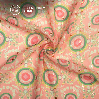 Gorgeous Pink Geometric Digital Print Stripes Sequins Embroidery Georgette Fabric
