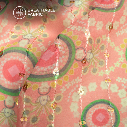 Gorgeous Pink Geometric Digital Print Stripes Sequins Embroidery Georgette Fabric