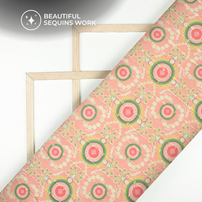 Gorgeous Pink Geometric Digital Print Stripes Sequins Embroidery Georgette Fabric
