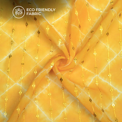 Honey Yellow And White Checks Digital Print Stripes Sequins Embroidery Georgette Fabric