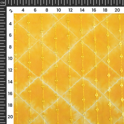 Honey Yellow And White Checks Digital Print Stripes Sequins Embroidery Georgette Fabric