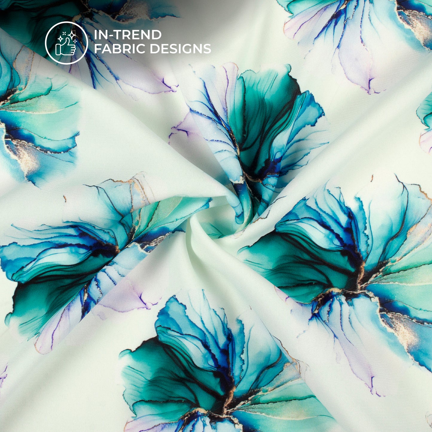 Attractive Ocean Blue Floral Digital Print BSY Crepe Fabric