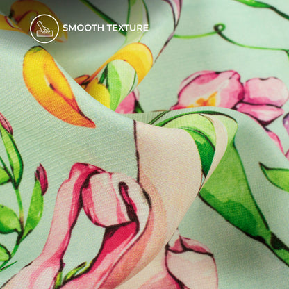 Mint Green And Pink Floral Digital Print BSY Crepe Fabric