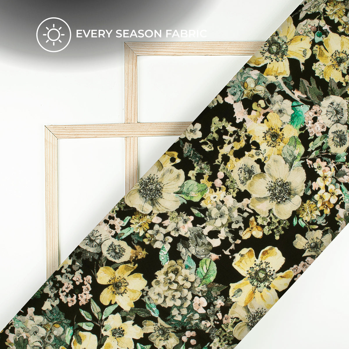 Flaxen Yellow And Black Floral Digital Print BSY Crepe Fabric