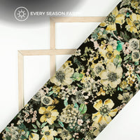 Flaxen Yellow And Black Floral Digital Print BSY Crepe Fabric
