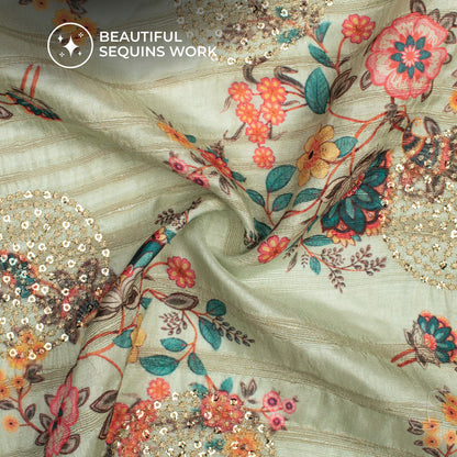 Stunning Floral Digital Print Butta Sequins Embroidery On Heritage Art Silk Fabric