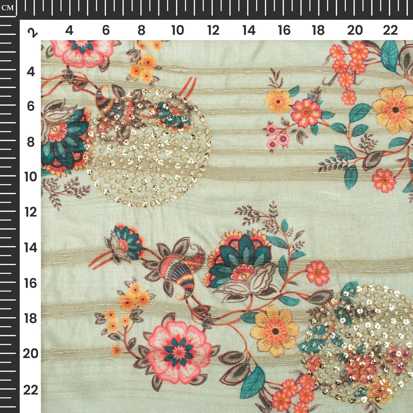 Stunning Floral Digital Print Butta Sequins Embroidery On Heritage Art Silk Fabric