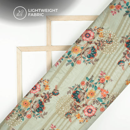 Stunning Floral Digital Print Butta Sequins Embroidery On Heritage Art Silk Fabric