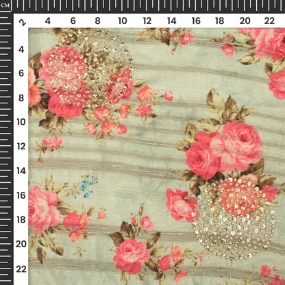 Sage Green And Pink Floral Digital Print Butta Sequins Embroidery On Heritage Art Silk Fabric