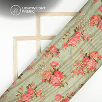 Sage Green And Pink Floral Digital Print Butta Sequins Embroidery On Heritage Art Silk Fabric