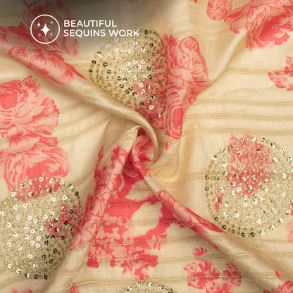 Blush Pink Floral Digital Print Butta Sequins Embroidery On Heritage Art Silk Fabric