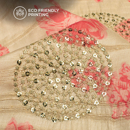 Blush Pink Floral Digital Print Butta Sequins Embroidery On Heritage Art Silk Fabric