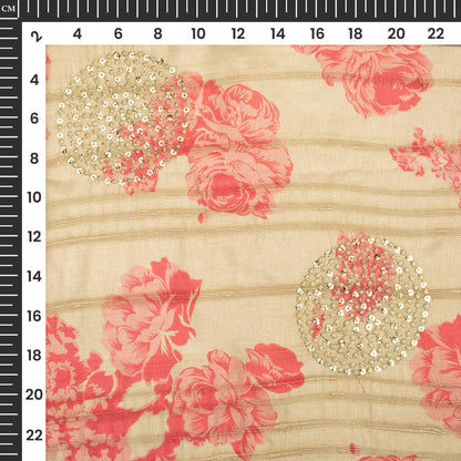 Blush Pink Floral Digital Print Butta Sequins Embroidery On Heritage Art Silk Fabric
