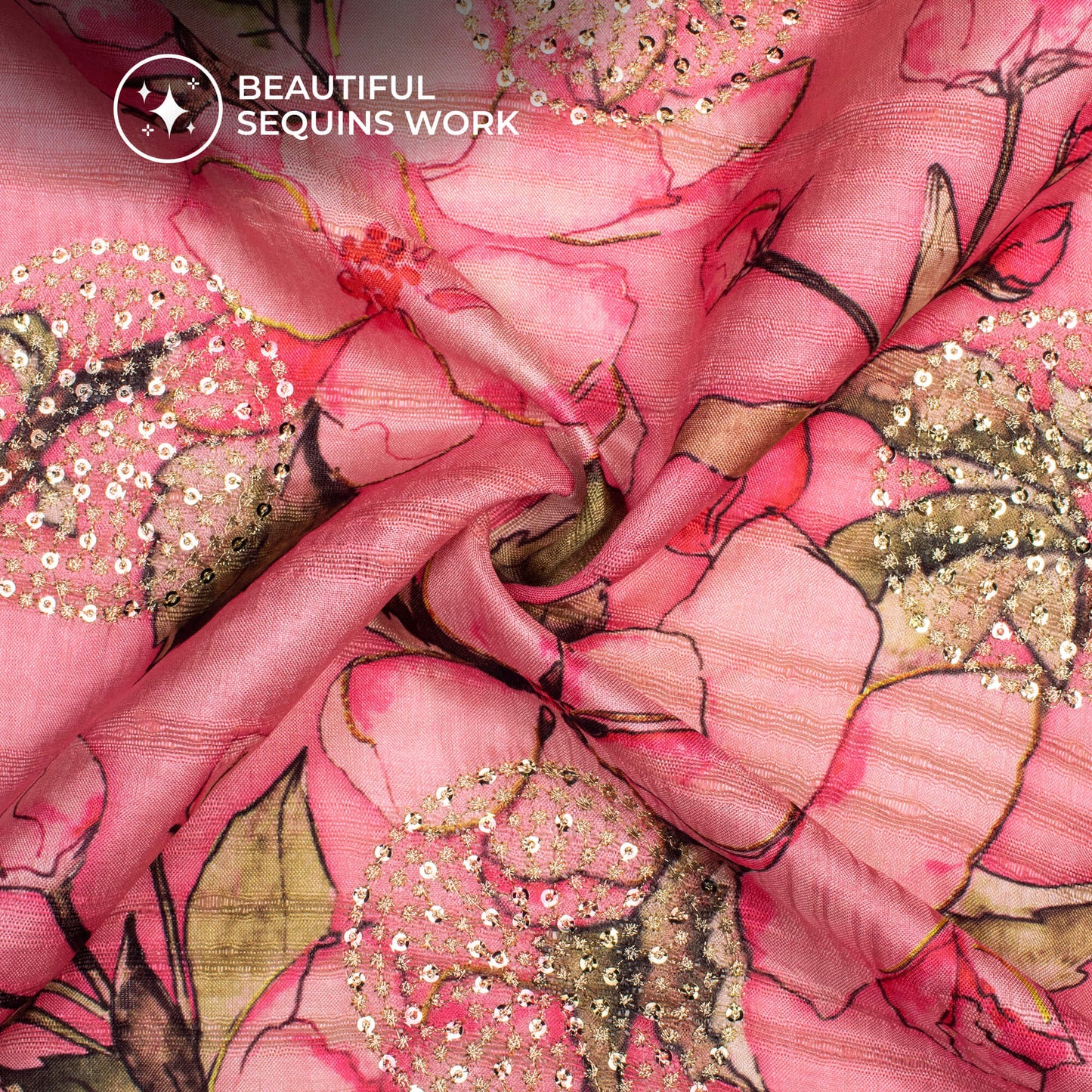 Beutiful Pink Floral Digital Print Butta Sequins Embroidery On Heritage Art Silk Fabric