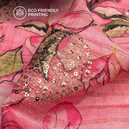 Beutiful Pink Floral Digital Print Butta Sequins Embroidery On Heritage Art Silk Fabric