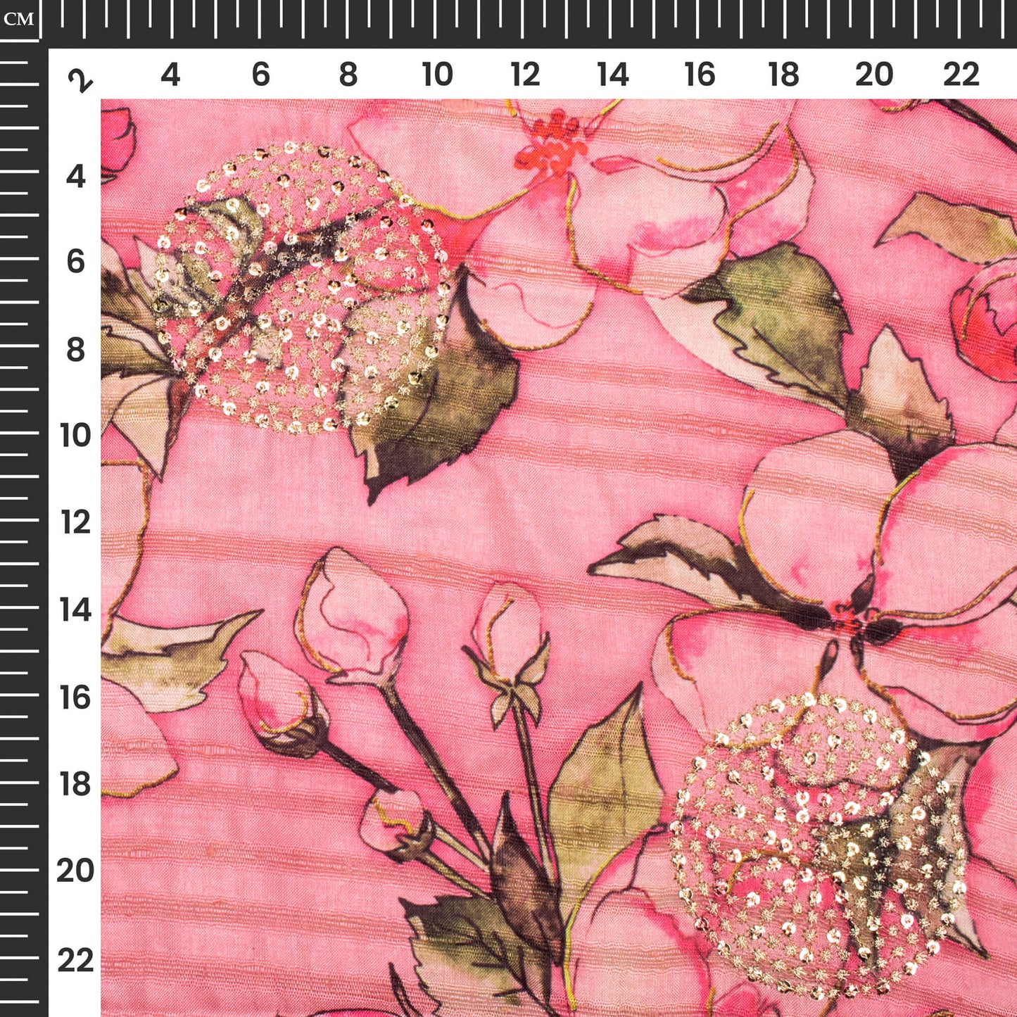 Beutiful Pink Floral Digital Print Butta Sequins Embroidery On Heritage Art Silk Fabric