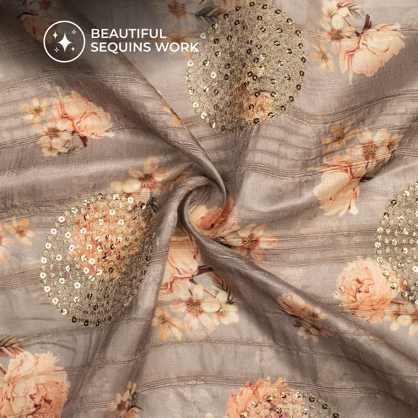 Fossil Grey And Peach Floral Digital Print Butta Sequins Embroidery On Heritage Art Silk Fabric