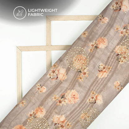 Fossil Grey And Peach Floral Digital Print Butta Sequins Embroidery On Heritage Art Silk Fabric