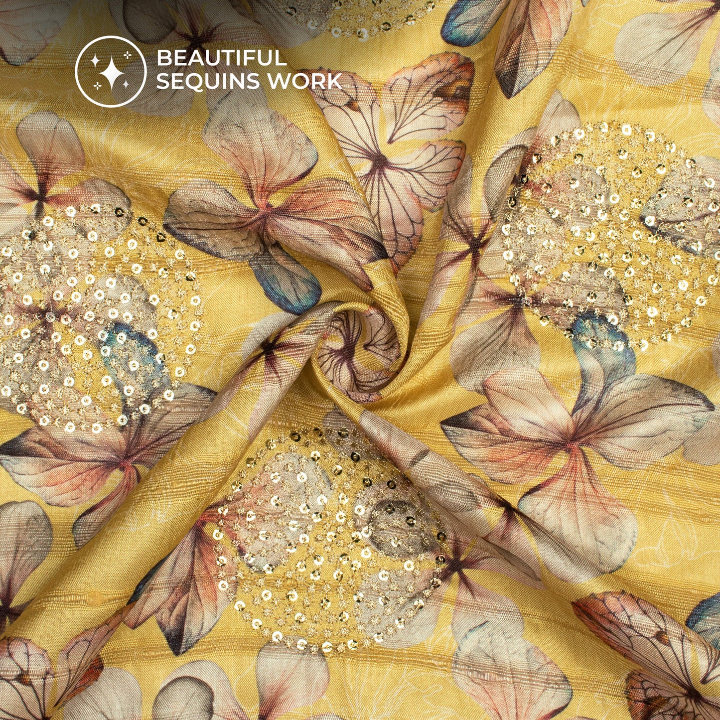 Attractive Yellow Floral Digital Print Butta Sequins Embroidery On Heritage Art Silk Fabric