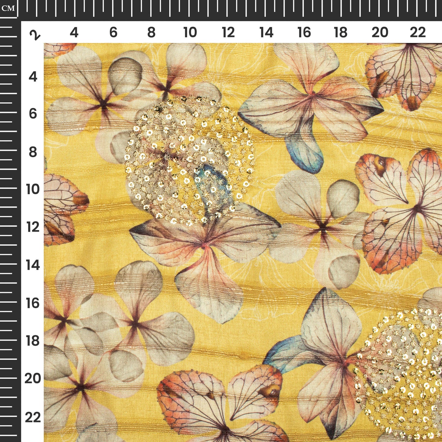 Attractive Yellow Floral Digital Print Butta Sequins Embroidery On Heritage Art Silk Fabric