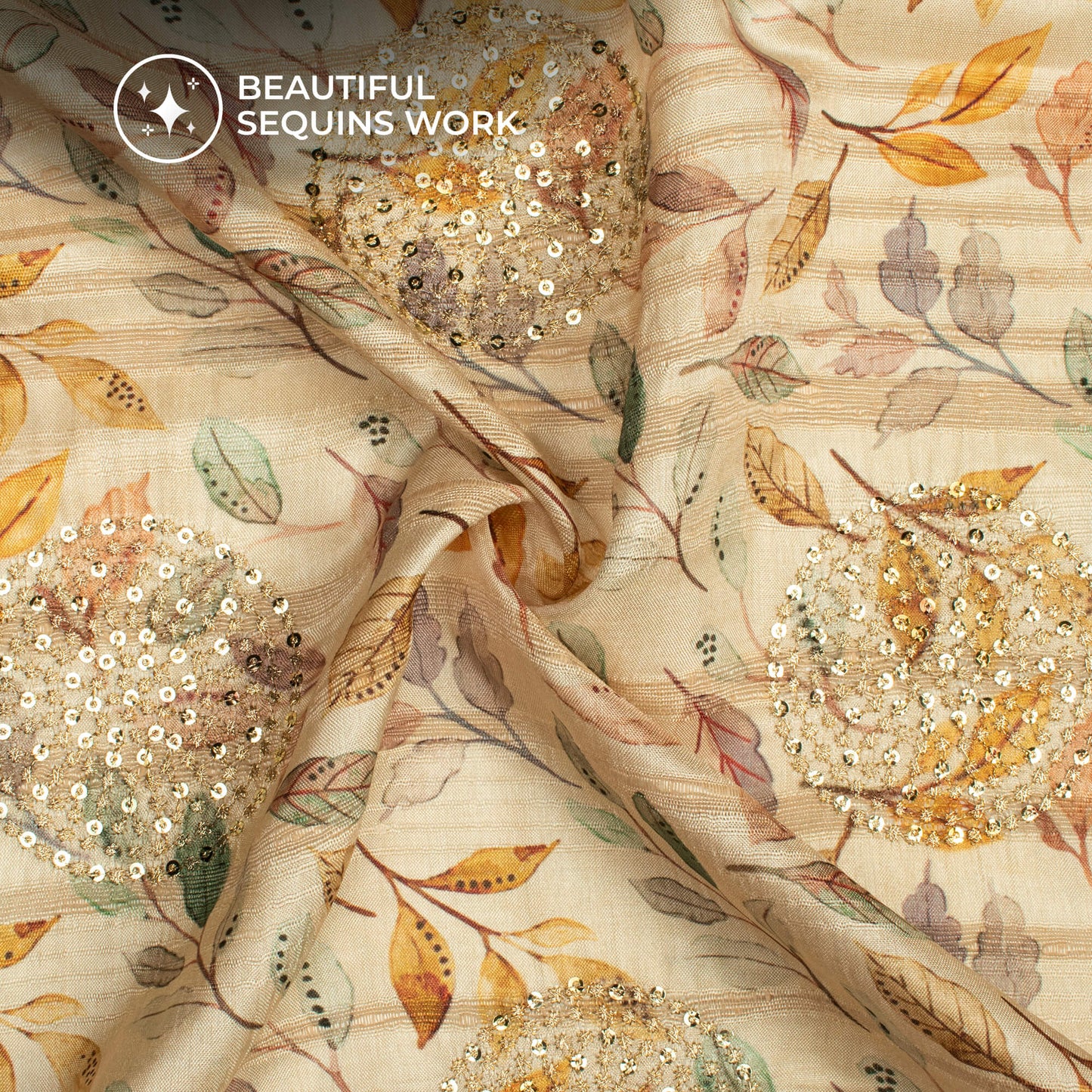 Beige Leafage Digital Print Butta Sequins Embroidery On Heritage Art Silk Fabric