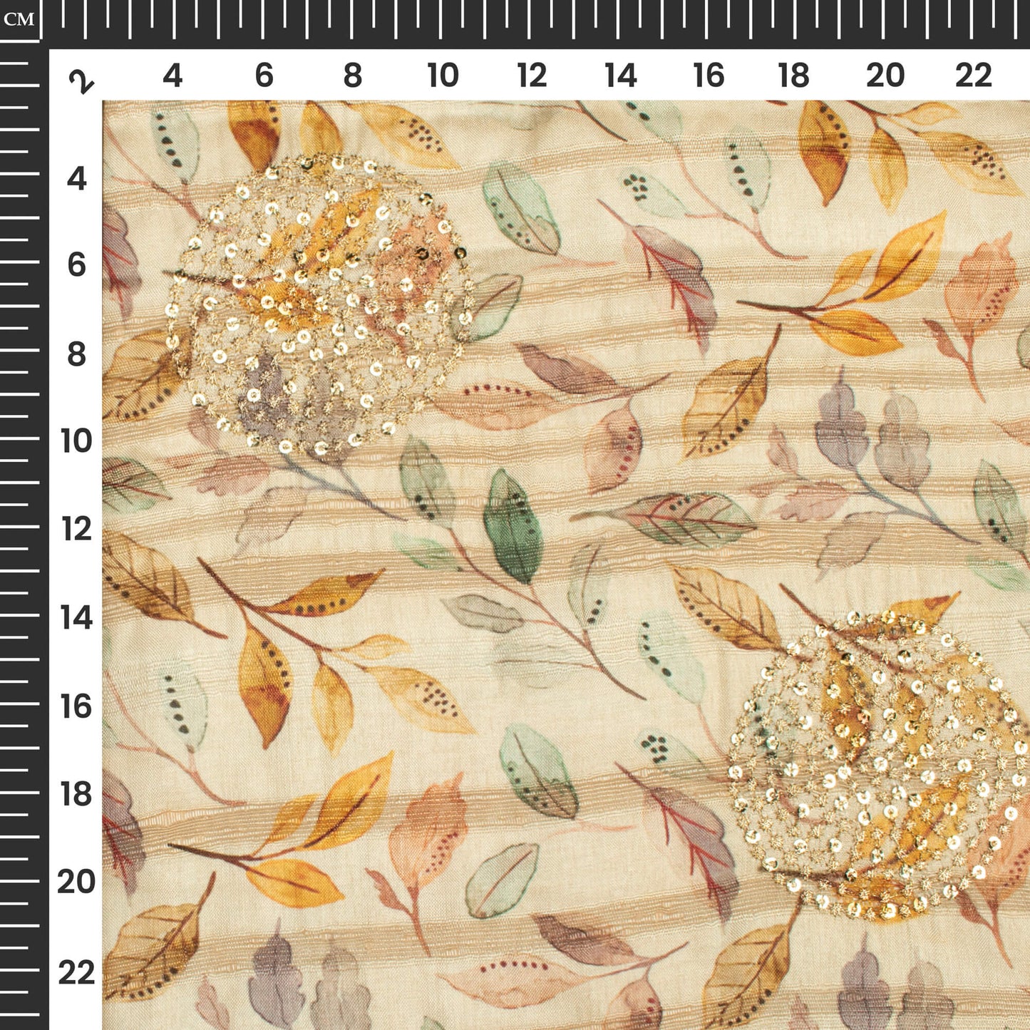 Beige Leafage Digital Print Butta Sequins Embroidery On Heritage Art Silk Fabric