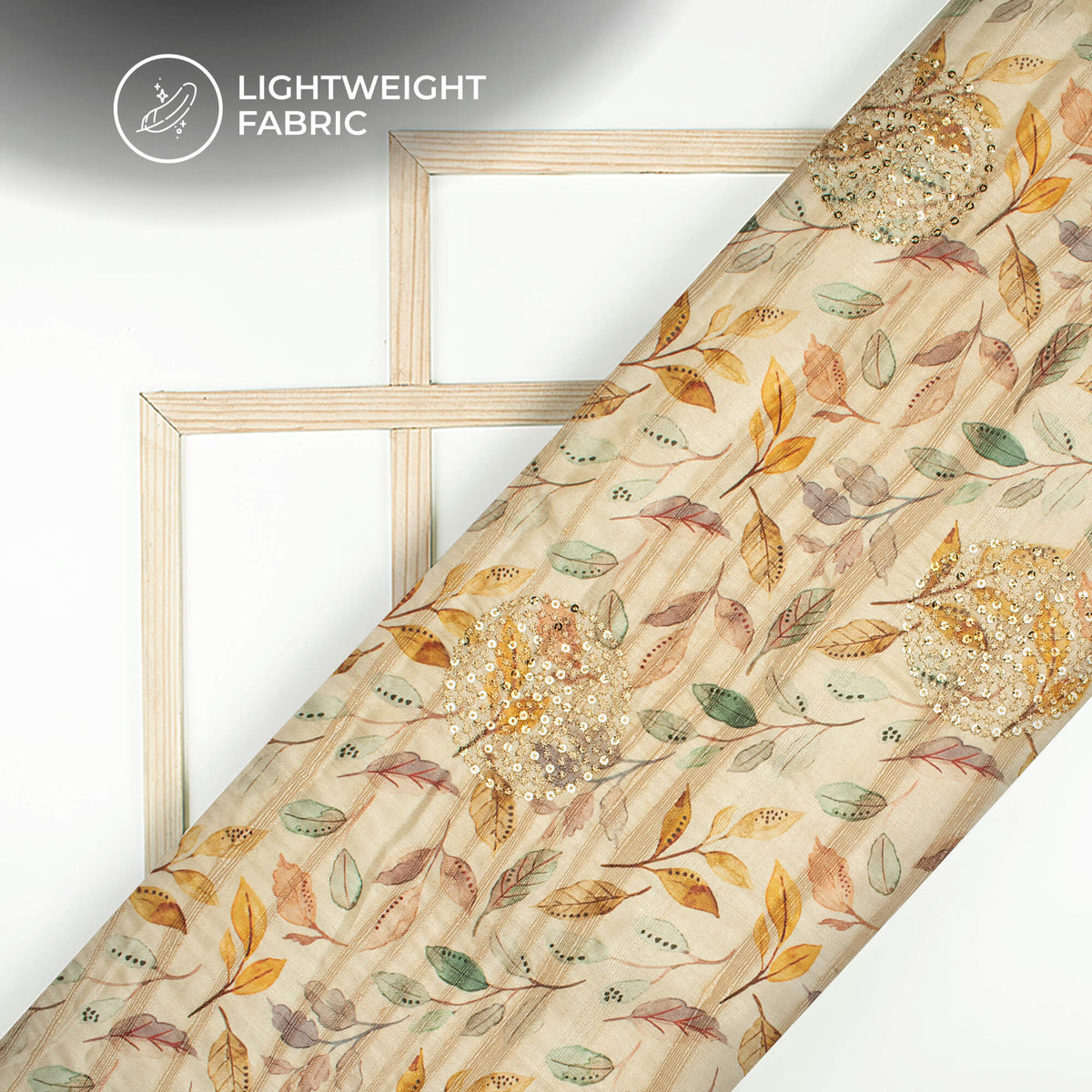 Beige Leafage Digital Print Butta Sequins Embroidery On Heritage Art Silk Fabric