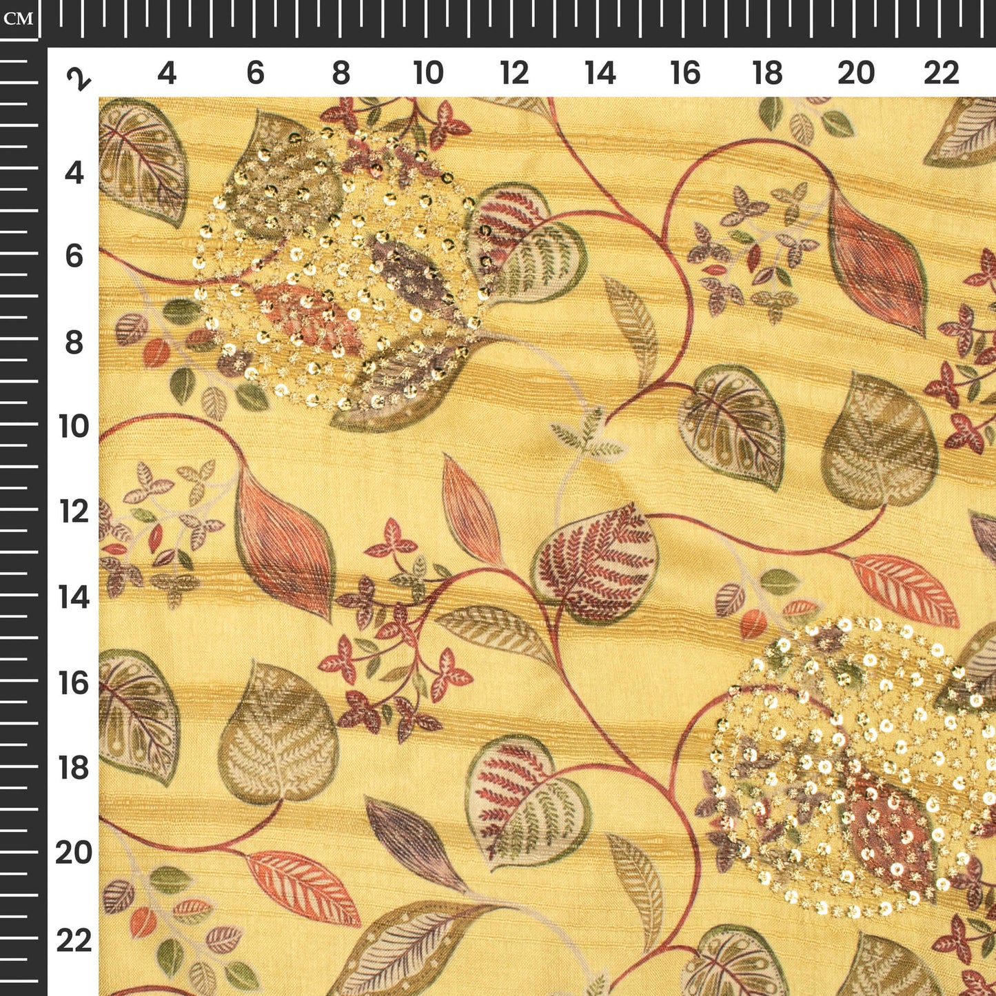 Trendy Yellow Leaf Digital Print Butta Sequins Embroidery On Heritage Art Silk Fabric